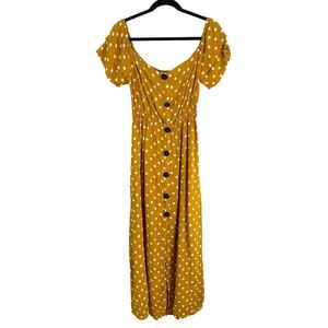 River Island Polka Dot Maxi Dress – Yellow Off Shoulder Slit – Size 12
